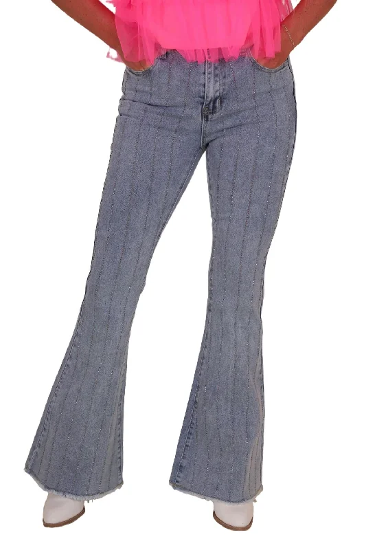 Y2K Denim Rhinestone Raindrop Stripe Bell Bottom Jeans In Light Wash