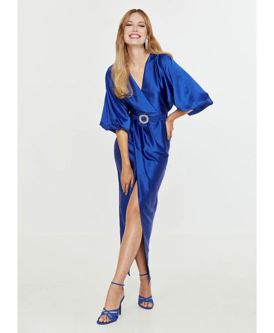 Bell - Sleeve Women's Mohair - Wool Blend SweatersAccess Royal Blue Satin Wrap Draped Dress