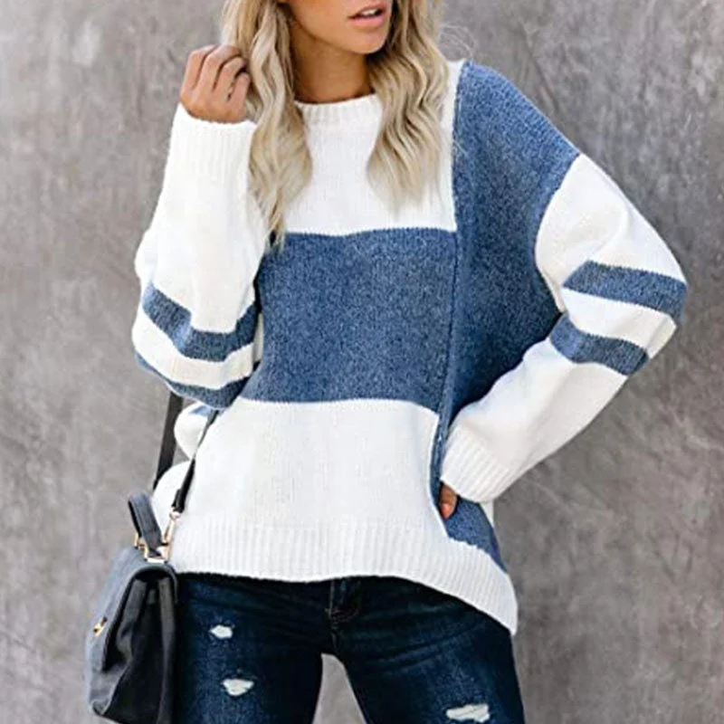 Plus Size Women's Embroidered Sweaters in Ethnic StylesAutumn And Winter New Striped Retro European American Street Hipster Sweater Color Contrast Patchwork Round Neck Pullover