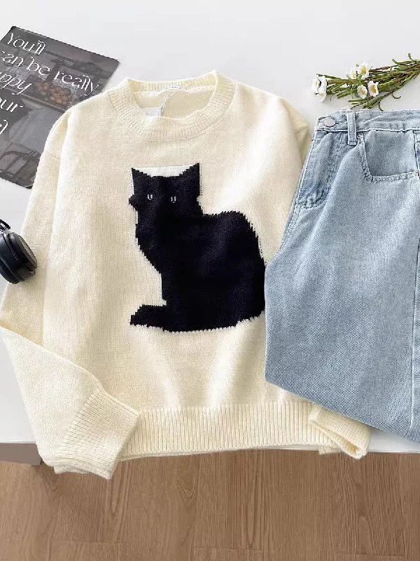 Short Sleeve Women's Cotton Blend Sweaters in Pastel Colorscartoon cat casual and fashionable round neck sweater    S4739