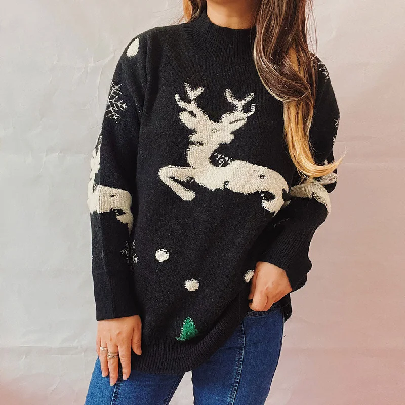 Plus Size Women's Side - Slit Sweaters in Bold SolidsCheerful Print Fluffy Reindeer Drop Shoulder Christmas Sweater