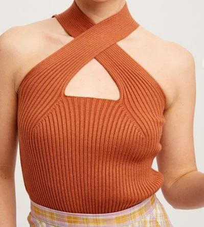 High - Low Hem Women's Cashmere - Blended SweatersClassy Butterscotch Ribbed Knit Cross Neck Top