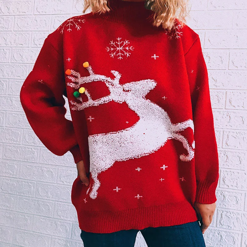 Sleeveless Women's Silk - Trimmed Sweaters for SummerColorful Pom Pom Reindeer Oversized High Neck Christmas Sweater