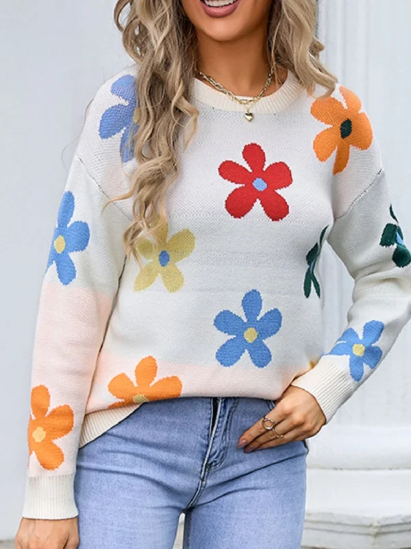 Cropped Women's Angora Blend Sweaters for a Trendy LookFlower Round Neck Long Sleeve Sweater