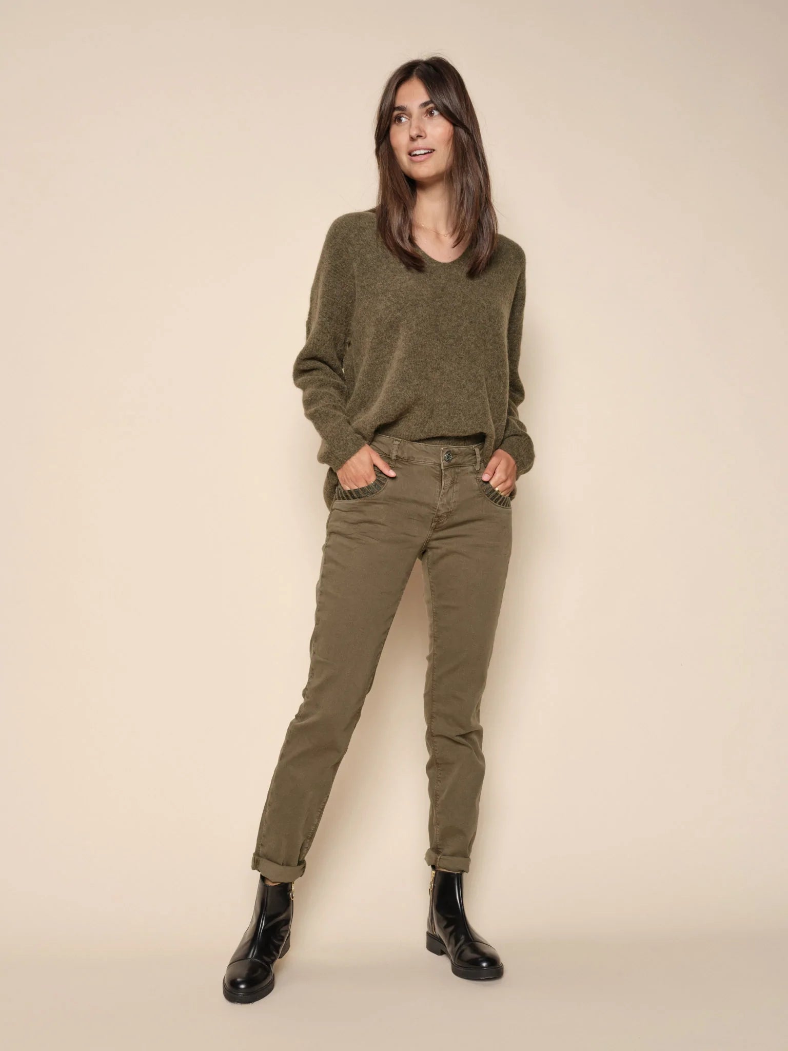 Button - Down Women's Shetland Wool Sweaters in Traditional PatternsMos Mosh Naomi Capers Green Colour Glow Pant