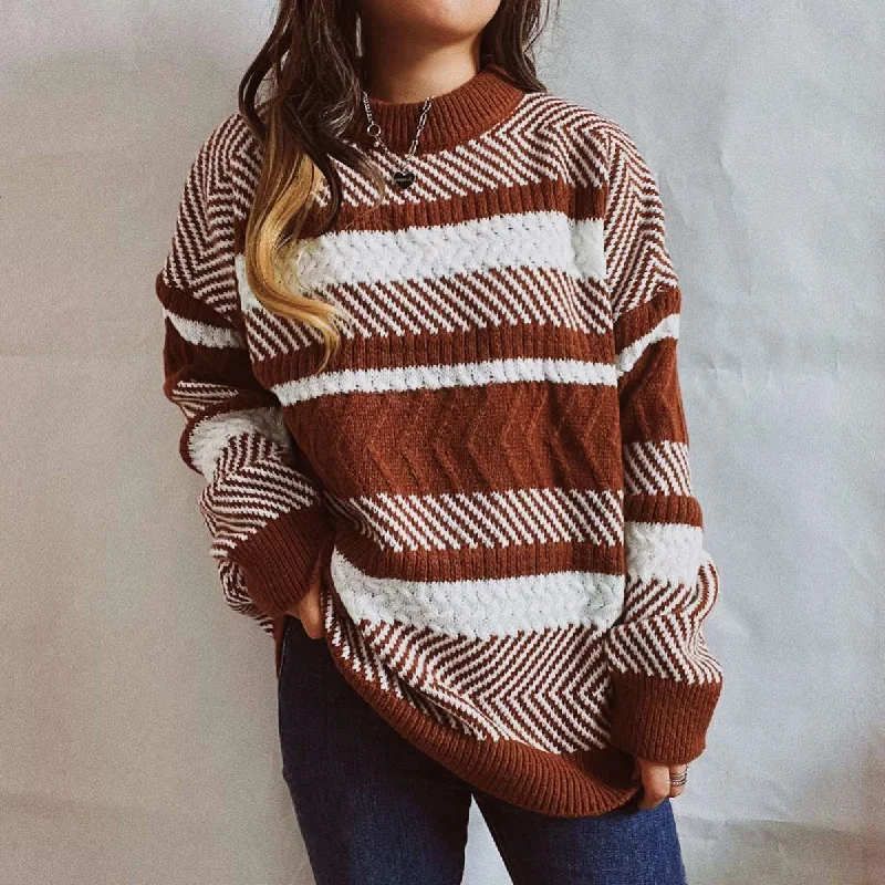 Tie - Front Women's Lambswool Sweaters in Pastel HuesNew Irregular Striped Color Stitching Thickened Round Neck Long Sleeve Knitted Sweater Pullover