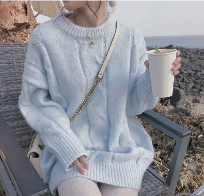 Hooded Women's Fleece - Lined Sweaters for WinterSoft Milk Blue Japanese Thickened Sweater Women's 2022 Autumn And Winter New Lazy Wind Loose Outer Wear Pullover