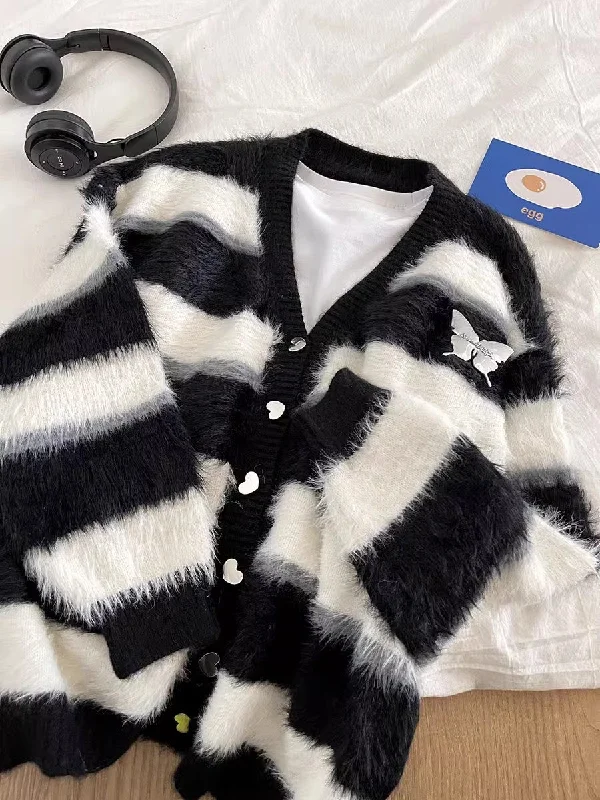 Bell - Sleeve Women's Mohair - Wool Blend Sweatersstriped sweater V-neck sweater jacket    S4735