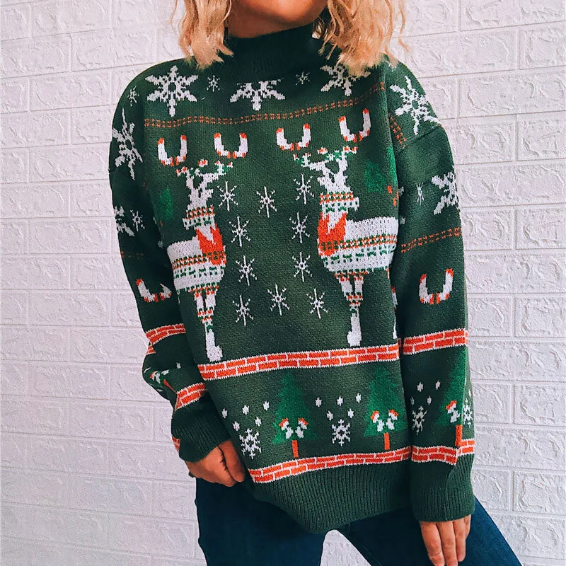 Women's Long Sleeve Turtleneck Cashmere SweatersVintage High Neck Nordic Fair Isle Reindeer Christmas Sweater