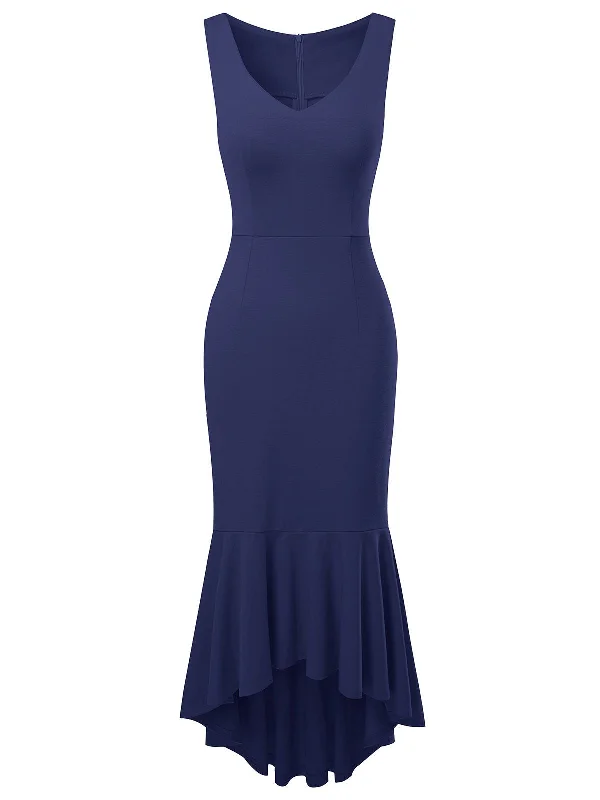 Mermaid - Style Women Dress with a Fitted Silhouette for Special Occasions1930s V-Neck Sleeveless Ruffled Fishtail Dress