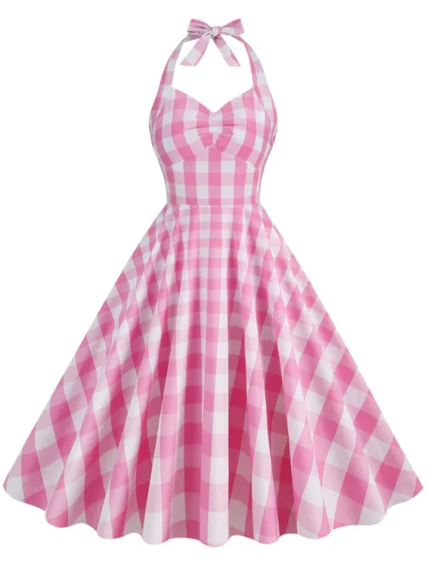 Plus Size Women Dress with a Flattering A - Line Cut for Comfort and Style1950s Plaid Halter Swing Dress