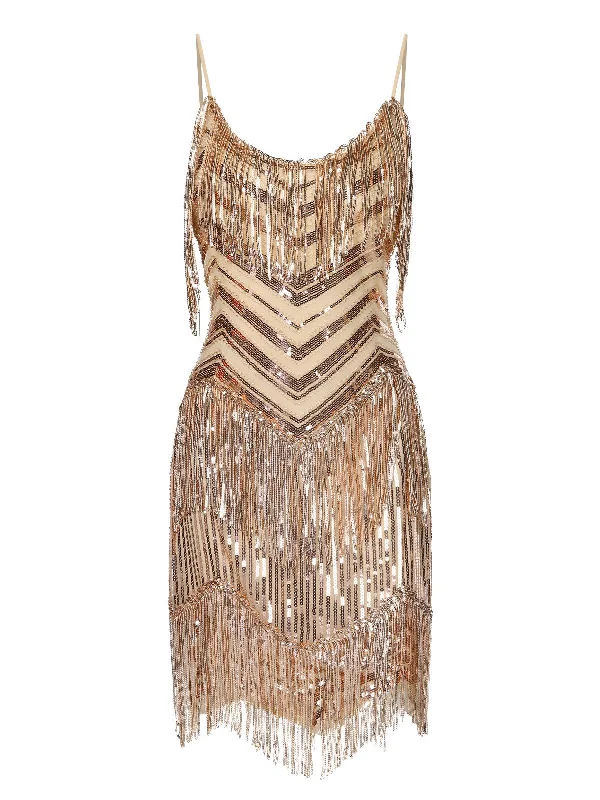 Little Black Women Dress with Sequins for a Glamorous Night OutBeige 1920s Spaghetti Strap Fringe Sequins Party Dress