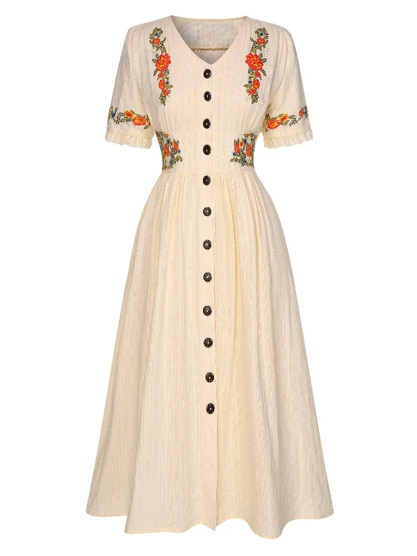 Halter Neck Women Dress to Show Off the Shoulders and NecklinePure Cotton Beige 1940s V-Neck Floral Dress