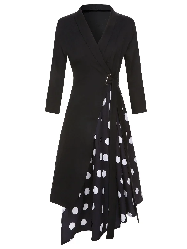 Off - the - Shoulder Women Dress for a Romantic and Feminine LookBlack 1940s Polka Dots Patchwork Tie Waist Dress