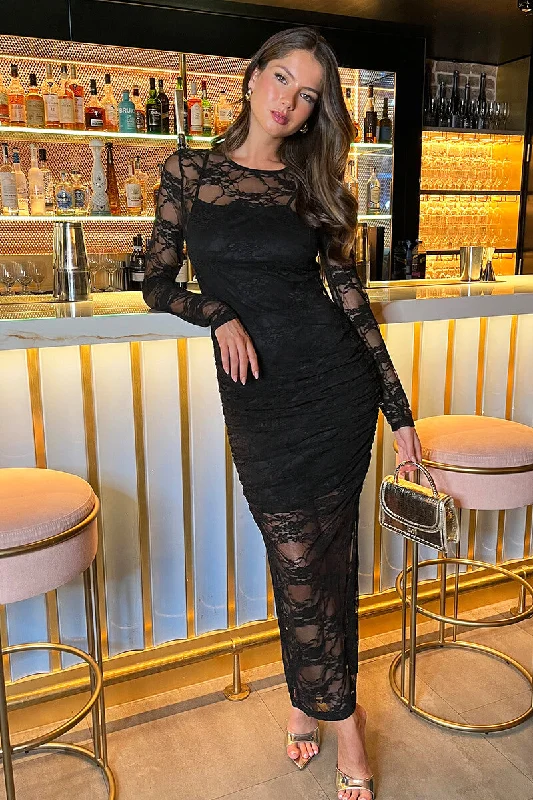 Empire Waist Women Dress to Accentuate the Bust and Conceal the WaistBlack Lace Overlay Long Sleeve Bodycon Midi Dress