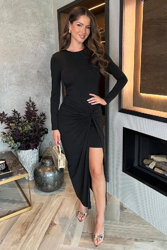 Shift Women Dress with a Simple and Classic Design for Everyday WearBlack Long Sleeves Knot Skirt Bodycon Midi Dress