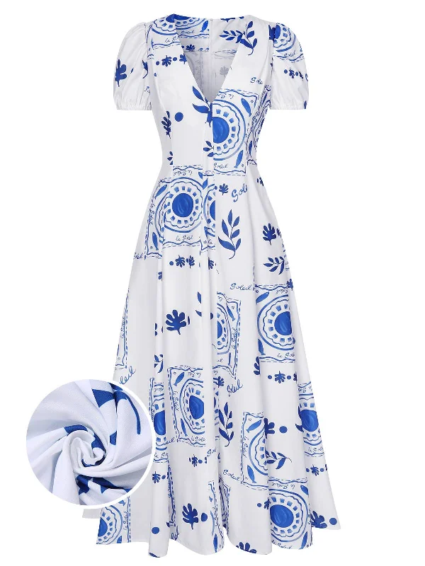 Backless Women Dress for a Sexy and Alluring Look at Evening EventsBlue & White 1930s Plants Puff Deep V-Neck Dress