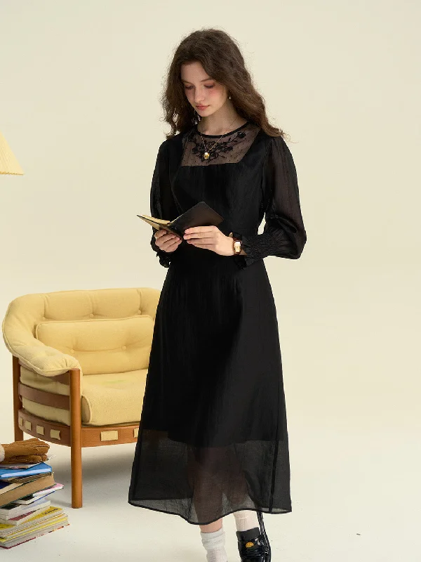 Empire Waist Women Dress to Accentuate the Bust and Conceal the WaistCarolyn Round Neck Mesh Embroidered Trimmed Sleeve Dress