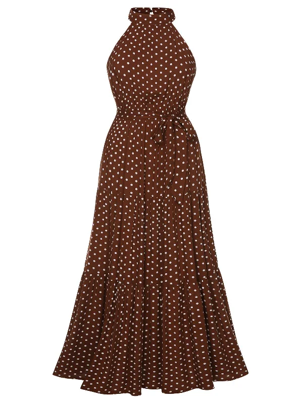 Ruffled Women Dress with Multiple Layers for a Playful and Girly StyleCoffee 1940s Crew Halter Polka Dot Dress