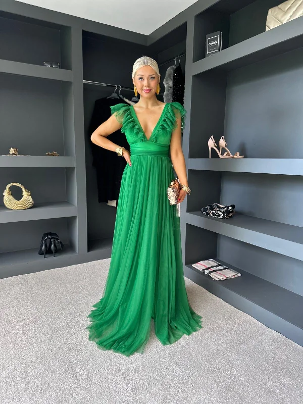 Backless Women Dress for a Sexy and Alluring Look at Evening EventsCrystal Tulle Maxi Dress Emerald