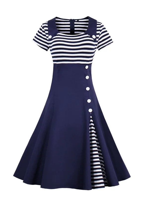 Pleated Women Dress with a Timeless and Elegant TextureDark Blue 1940s Striped Patchwork Button Lapel Dress