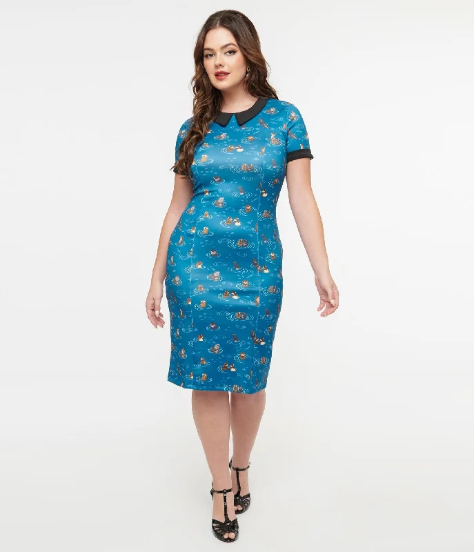 Mermaid - Style Women Dress with a Fitted Silhouette for Special OccasionsDolly & Dotty 1950s Blue Otter Print Toni Wiggle Dress