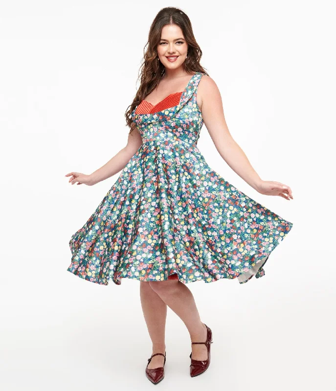 Mermaid - Style Women Dress with a Fitted Silhouette for Special OccasionsDolly & Dotty 1950s Navy & Rose Print Grace Swing Dress