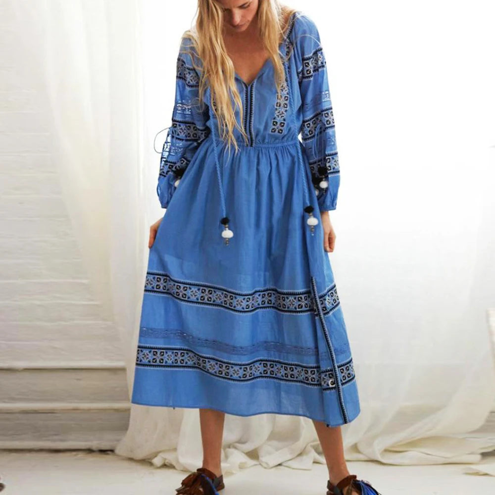 Mini Women Dress with a Short Hem for a Young and Trendy StyleFashionSierra-Blue/White  Cotton  Maxi  Vintage  Chic  Tassel  Floral Embroidery  Long Sleeve  Tunic  Autumn Boho Dress