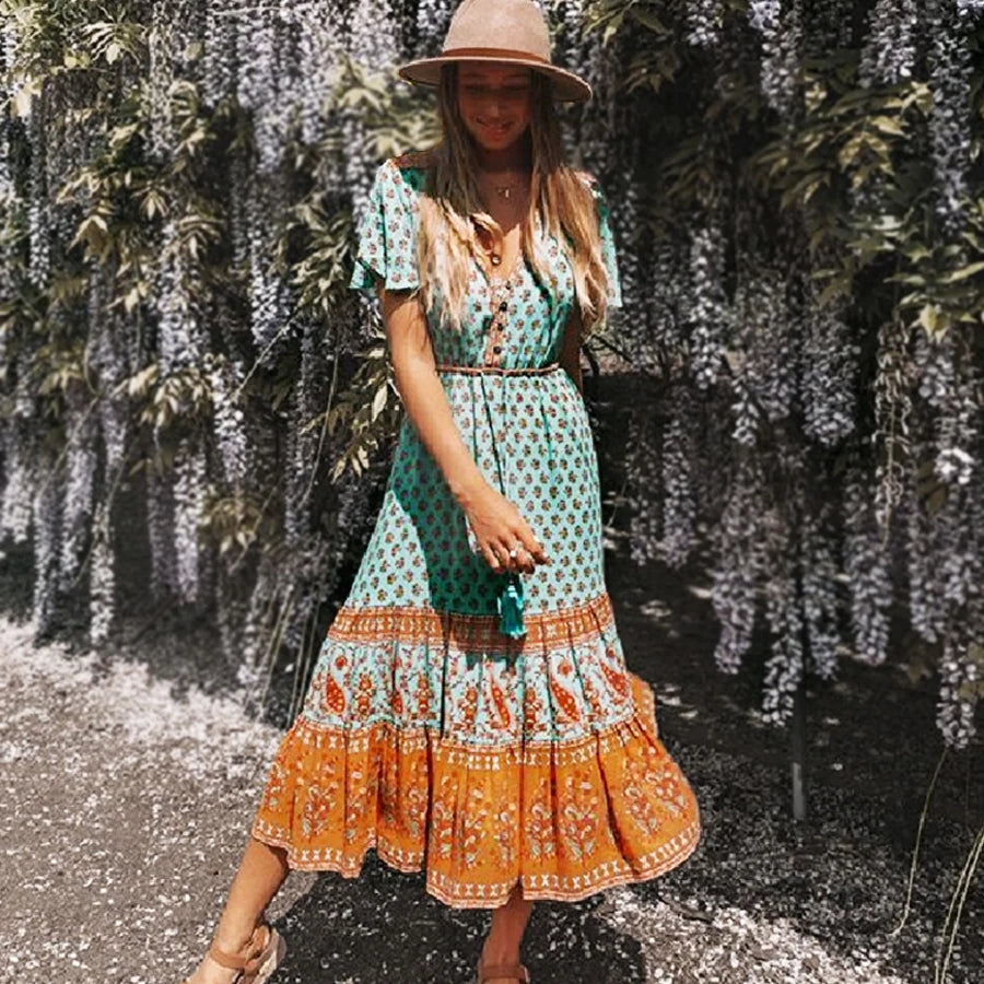 Empire Waist Women Dress to Accentuate the Bust and Conceal the WaistFashionSierra-Bohemia Midi for Women Cotton Rayon Floral Print Flare Sleeve Summer Gypsy Beach Vestidos Boho Dress