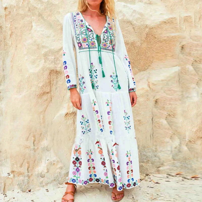 Mermaid - Style Women Dress with a Fitted Silhouette for Special OccasionsFashionSierra-Cotton  Floral Embroidered  Maxi  O-neck  Tassel  Long Sleeve  White  Summer  Vintage Boho Dress