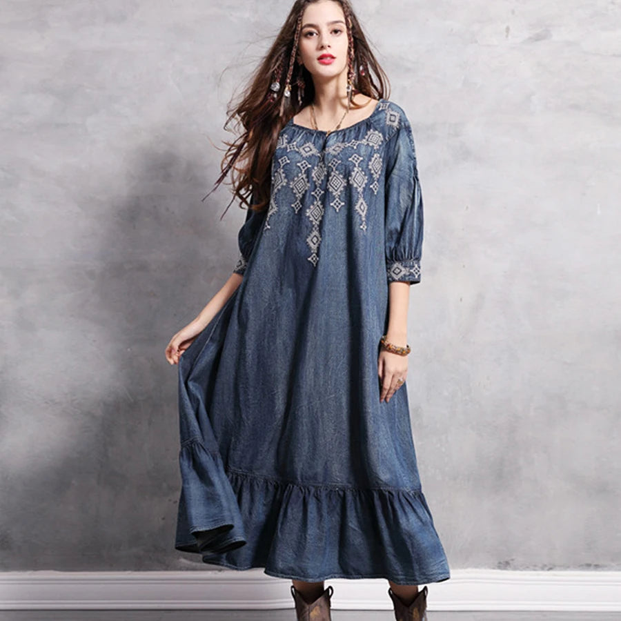 Ball Gown Women Dress with a Full Skirt for a Princess - like LookFashionSierra-Denim  Tunic  Blue  Cotton  O-neck  Floral Embroidery  Autumn  Gypsy  Hippie  Loose Boho Dress