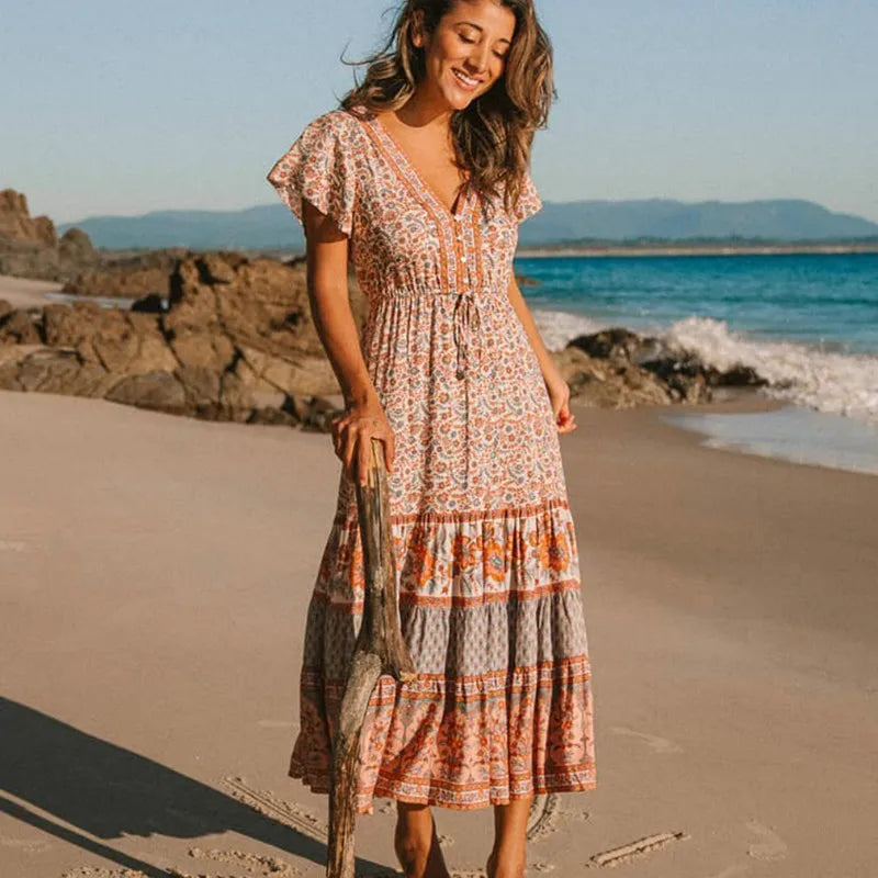 Off - the - Shoulder Women Dress for a Romantic and Feminine LookFashionSierra-Drawstring Waist  Midi  Vintage  Cotton  Floral Print  Casual  Long  Summer  V-Neck  Beach Boho Dress