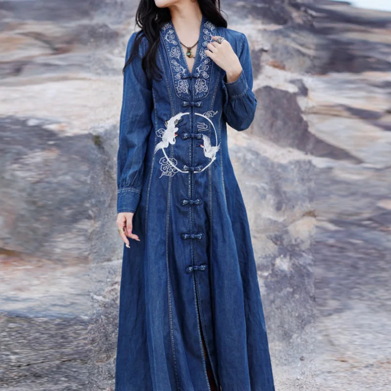 Shift Women Dress with a Simple and Classic Design for Everyday WearFashionSierra-Ladies  QiPaoShi  Denim  Wind  Maxi  Retro  Swan Embroidery  Button  V Neck  Fashion Boho Dress