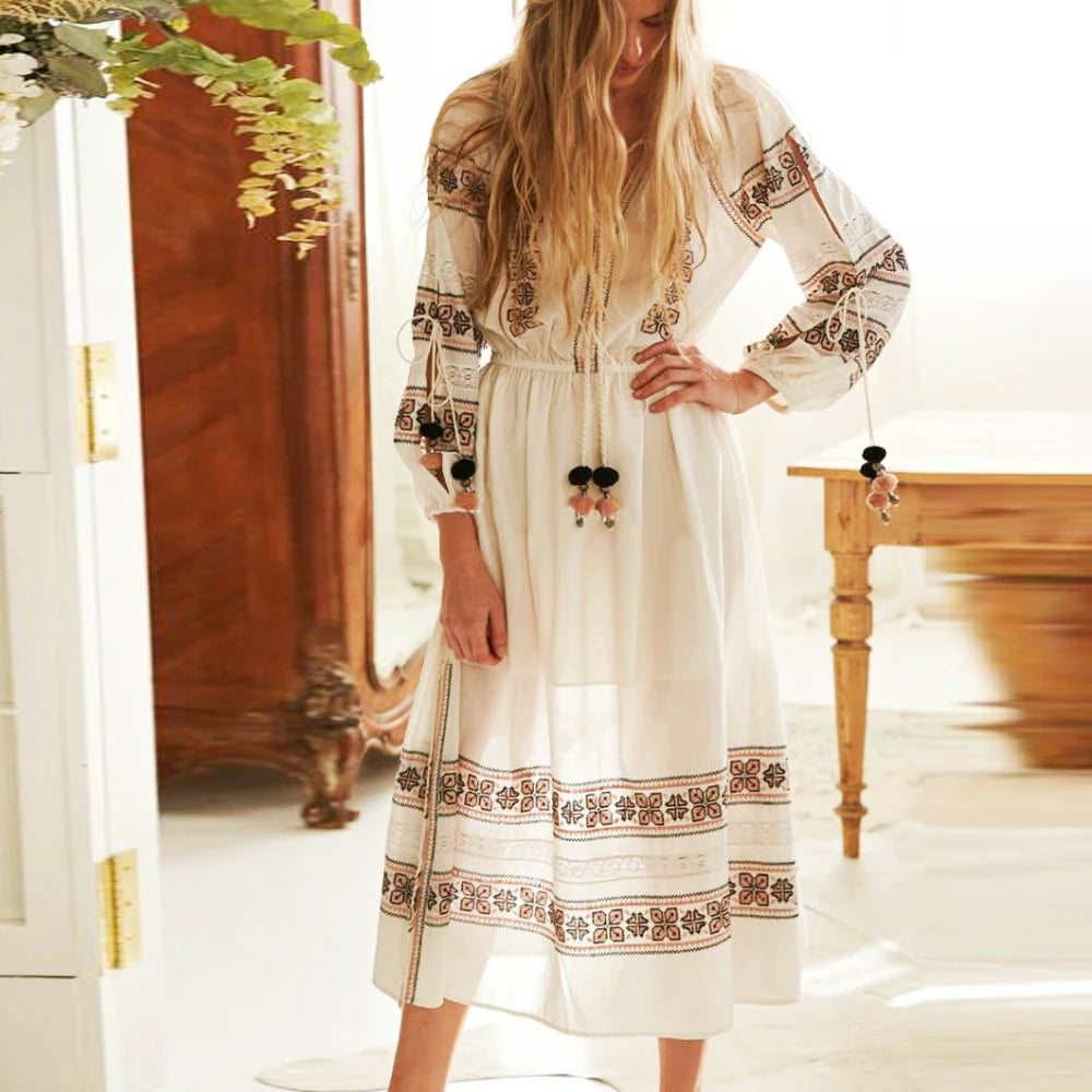 Lace - Embellished Women Dress for an Elegant and Sophisticated AppearanceFashionSierra-Lantern  Long Sleeve  Lace  Maxi  Vintage  White  Cotton  Floral Embroidery  Tunic  O Neck  Autumn Boho Dress