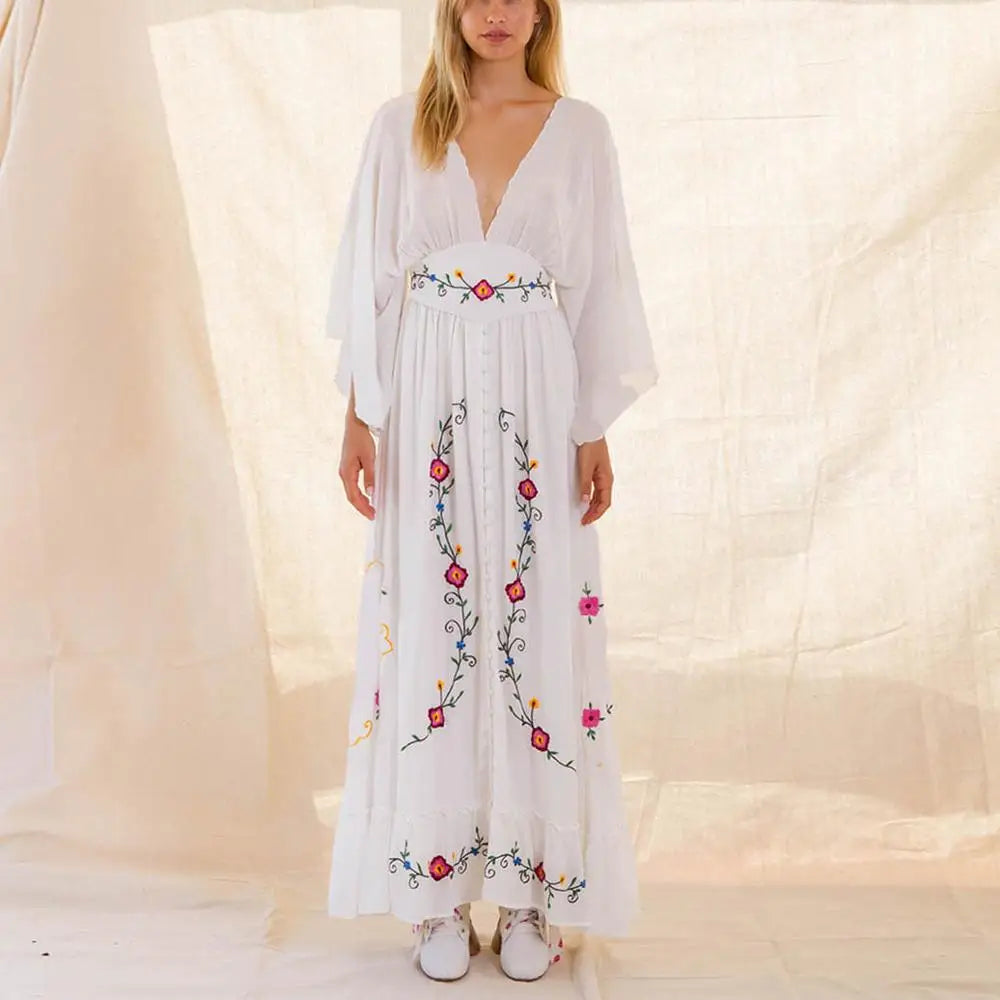 Lace - Embellished Women Dress for an Elegant and Sophisticated AppearanceFashionSierra-Long Sleeve Deep V-neck Maxi Women Vintage Rayon Embroidered White Autumn Vestidos 2024 Casual Long Robe Boho Dress