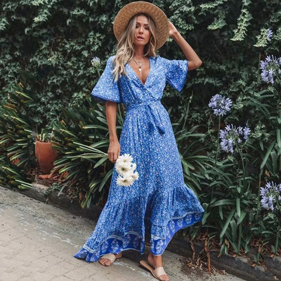 Sheath Women Dress with a Tailored Fit for a Professional LookFashionSierra-Maxi for Women Rayon Blue Floral Print Sexy Deep V-Neck Summer Loose Hippie Long Vestidos Boho Dress