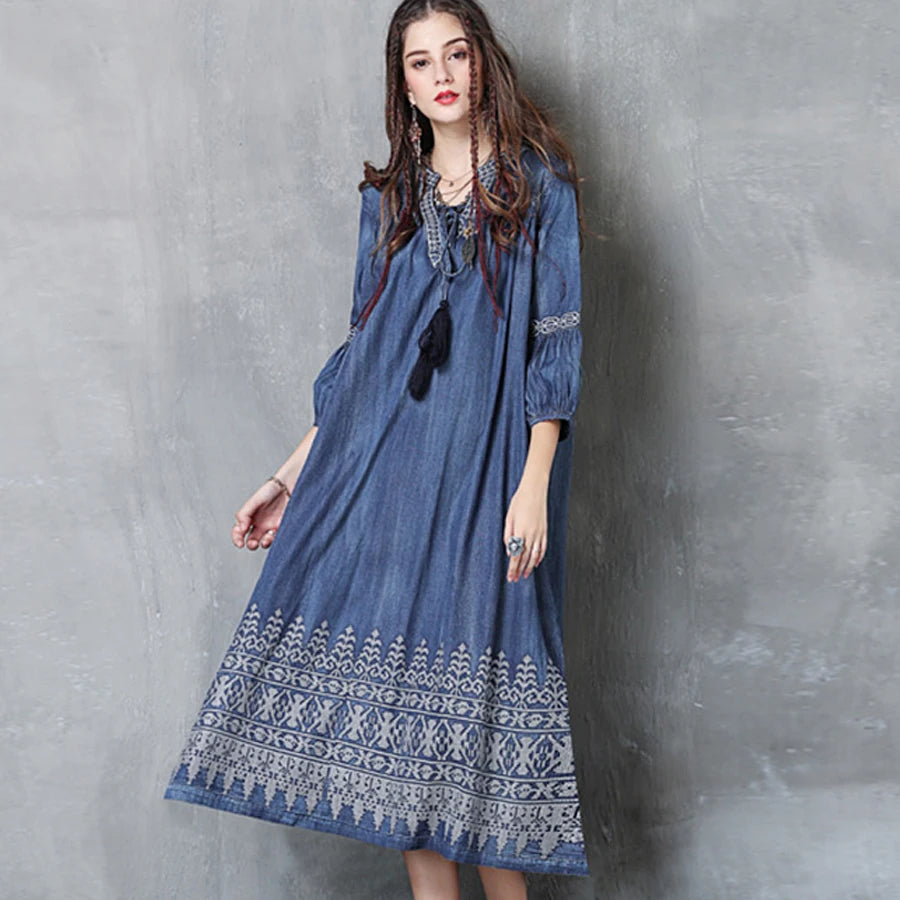 Empire Waist Women Dress to Accentuate the Bust and Conceal the WaistFashionSierra-Midi  Denim  Tunic  Autumn  Blue  Cotton  Ethnic  Floral Embroidery  V-neck  Gypsy Boho Dress