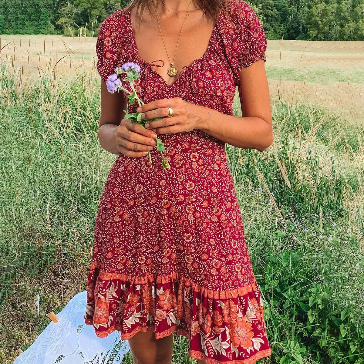 Ruffled Women Dress with Multiple Layers for a Playful and Girly StyleFashionSierra-Puff  Print  Short Sleeve  Mini  Vintage  Red Floral  Beach  Summer  Cotton Boho Dress