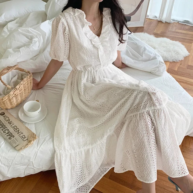 Plus Size Women Dress with a Flattering A - Line Cut for Comfort and StyleFashionSierra-Ruffle V-Neck Puff Sleeve Women Cotton White Hollow Out Embroidered Long Robe Female Vestidos 2024 Boho Dress