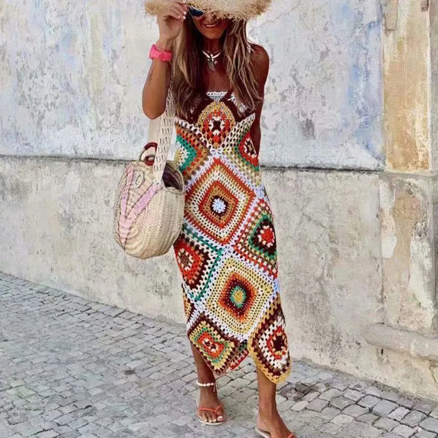 Pleated Women Dress with a Timeless and Elegant TextureFashionSierra-Sexy  Deep V Neck  Backless  Midi  Crochet Strap  Handmade  Colored  Women  Swim Tunic Boho Dress