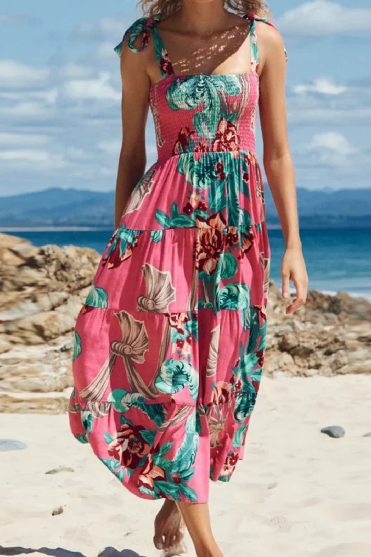 Maxi Women Dress with Floral Print for a Bohemian VibeFloral Smocked Tie-Shoulder Tiered Dress