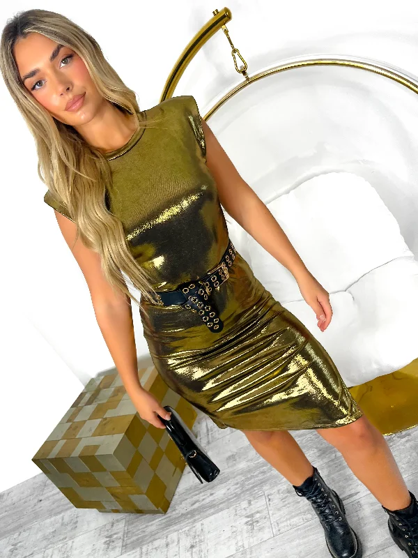 Mini Women Dress with a Short Hem for a Young and Trendy StyleGolden Hour - Gold Metallic Shoulder Pad Midi Dress