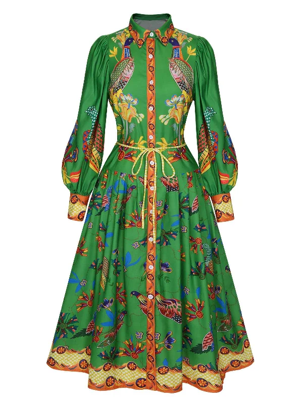 Plus Size Women Dress with a Flattering A - Line Cut for Comfort and StyleGreen 1940s Peacock Lantern Sleeve Shirt Dress