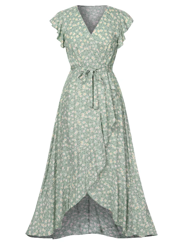 Mini Women Dress with a Short Hem for a Young and Trendy StyleGreen 1940s V-Neck Ditsy Floral Irregular Hem Dress