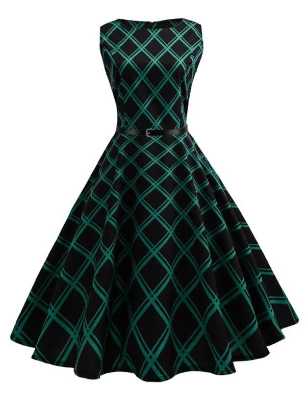 Sheath Women Dress with a Tailored Fit for a Professional LookGreen 1950s Plaid Belted Swing Dress