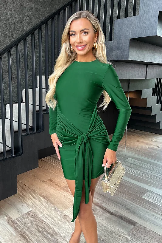 Off - the - Shoulder Women Dress for a Romantic and Feminine LookGreen Slinky Long Sleeve Sash Bodycon Mini Dress