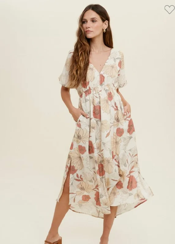 Shift Women Dress with a Simple and Classic Design for Everyday WearCream floral midi