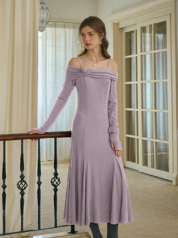 Halter Neck Women Dress to Show Off the Shoulders and NecklineLucille Elegant Off-Shoulder Rose Mid Dress (with Ribbon)-Purple