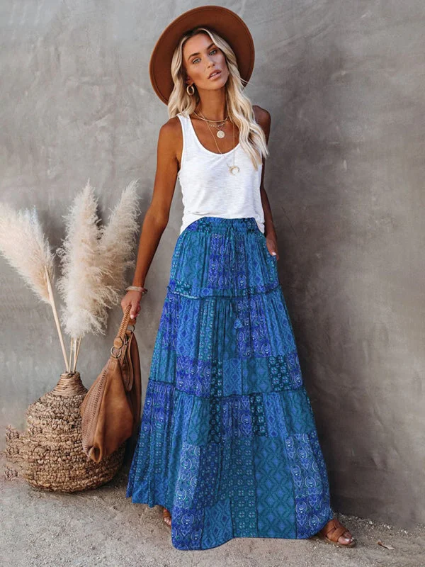 Empire Waist Women Dress to Accentuate the Bust and Conceal the WaistNew Bohemian style skirt European and American loose casual high waist long skirt