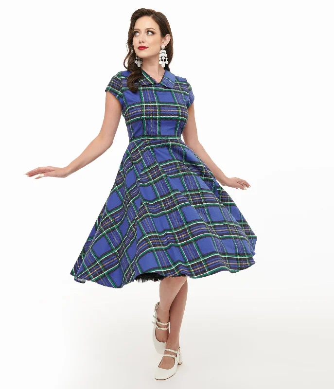 Printed Abstract Women Dress for a Modern and Artistic AppealOrchid Bloom 1950s Blue Plaid Swing Dress